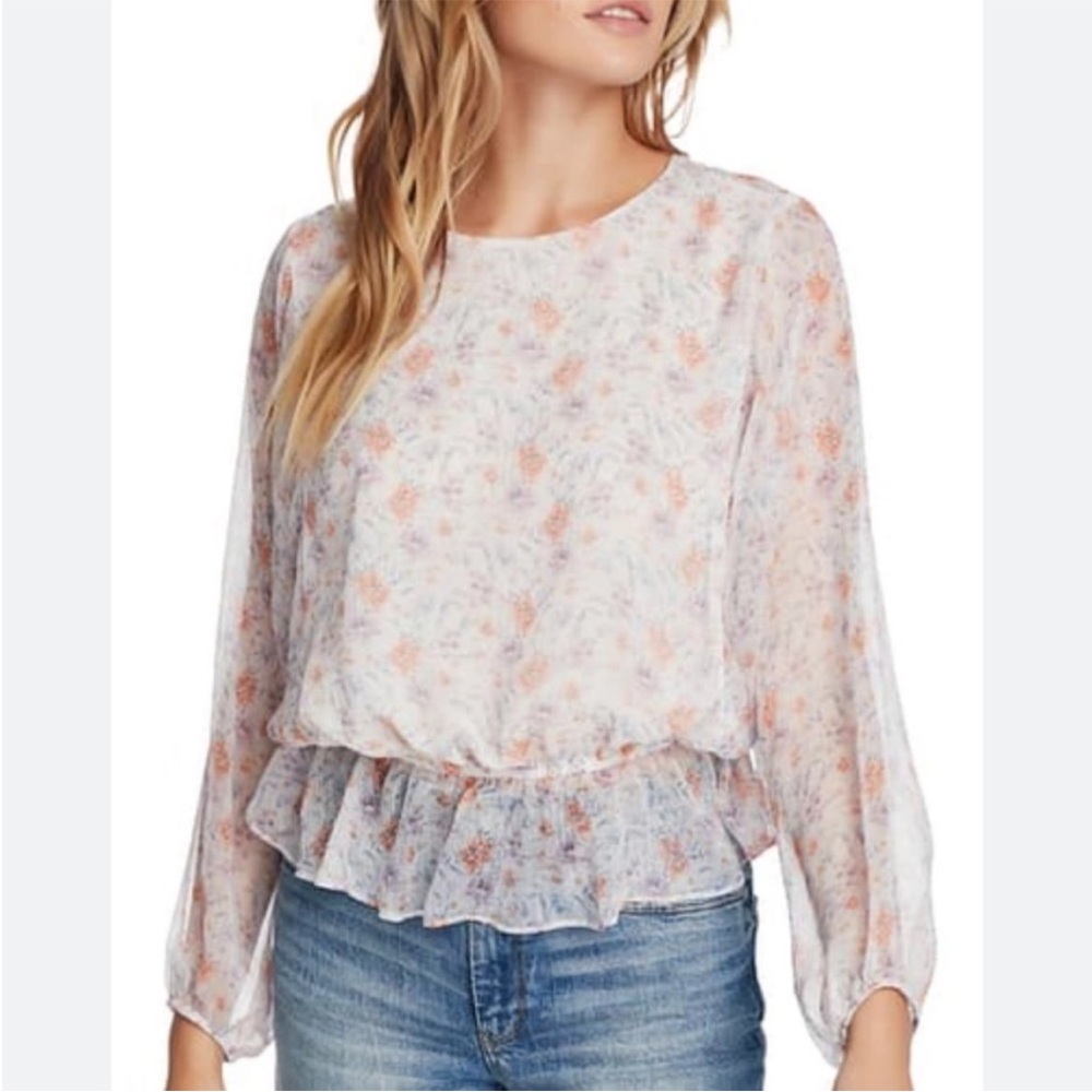 1. State Woodland Gradens Le Fleur Ecru Floral Chiffon Blouse Top Size Medium